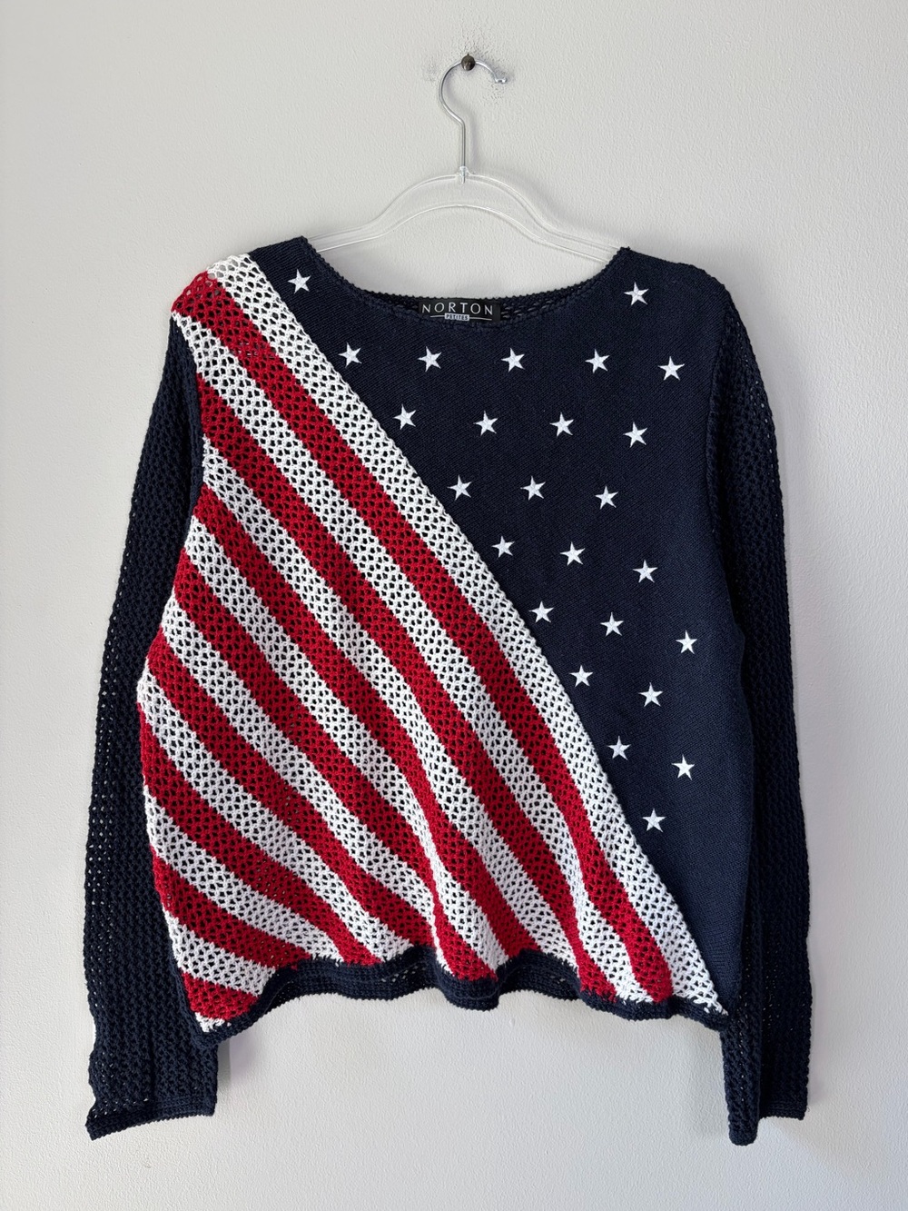 Norton Studio Vintage American Flag Open Knit Crochet Sweater